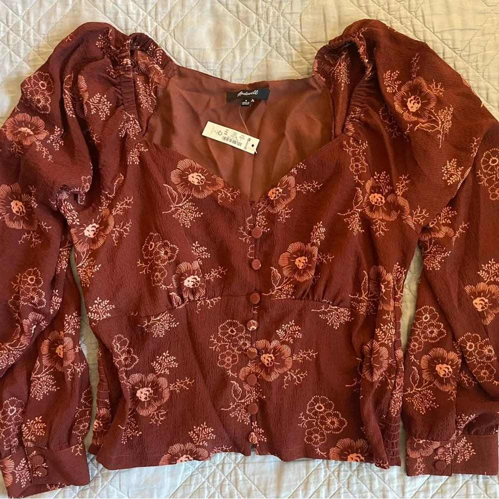 Madewell Preston Puff-Sleeve Top in Letterpress Floral Stained Mahogany Size‎ S